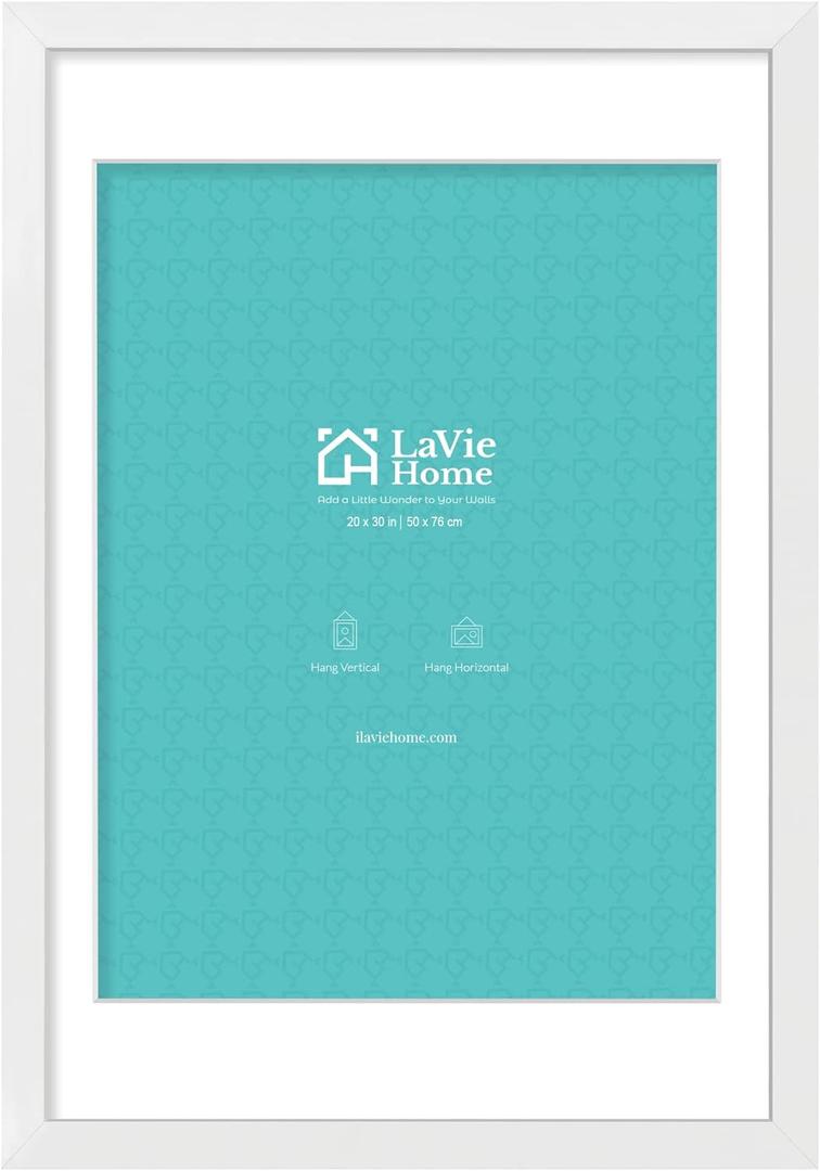LaVie Home 20 x 30 Poster Frame White, Display Pictures 18x24 with Mat or 20x30 Without Mat, Stable and Sturdy Picture Frame and Polished Plexiglass, Horizontal and Vertical Format of The Wall1 Pack