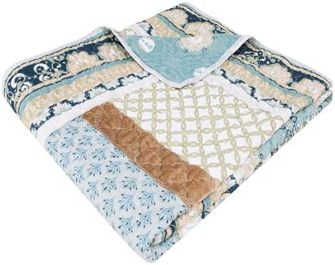 Benjara Ello 50 x 60 Inch Quilted Throw Blanket, Bohemian Print, Multicolor, Blue, White and Yellow