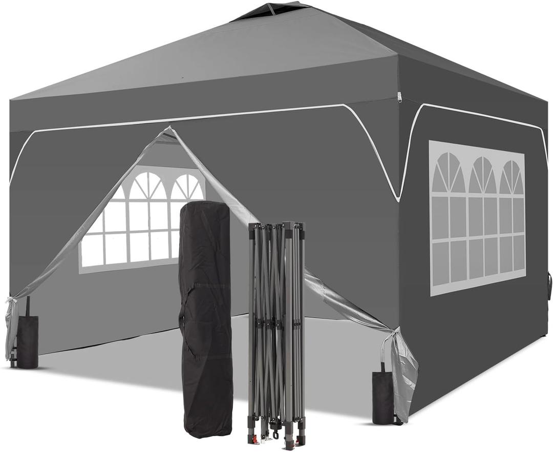 10x10 FT Pop Up Canopy, 1-Button Push Instant Canopy Tent with 4 Removable Sidewalls, Sandbags for Outdoor Activities & Events (Gray)