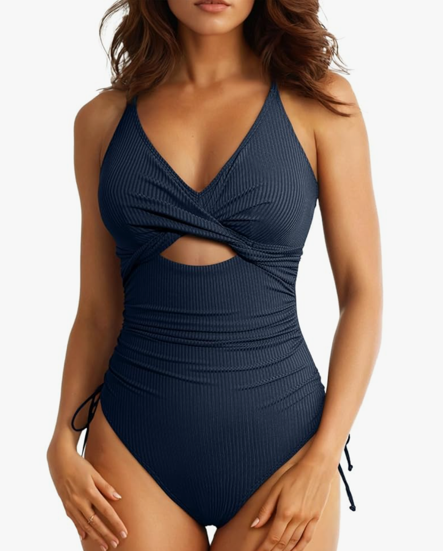 Aleumdr Women's Ribbed One Piece Swimsuit Tummy Control High Cut Bathing Suit Sexy V Neck Criss Cross Monikini XL, Navy Blue