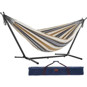 Vivere Double Cotton Hammock with Space Saving Steel Stand, Upgraded Polyester End Strings 450 lb Capacity - Premium Carry Bag Included - USA Grown Cotton (Desert Moon)