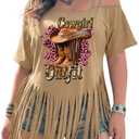 KWSTAIN Tassel Shirts for Women Summer Cold Shoulder Fringe Trim Short Sleeve Graphic Western Cowgirl Outfits Top Tee Blouses (Khaki,S) (Beige, S)