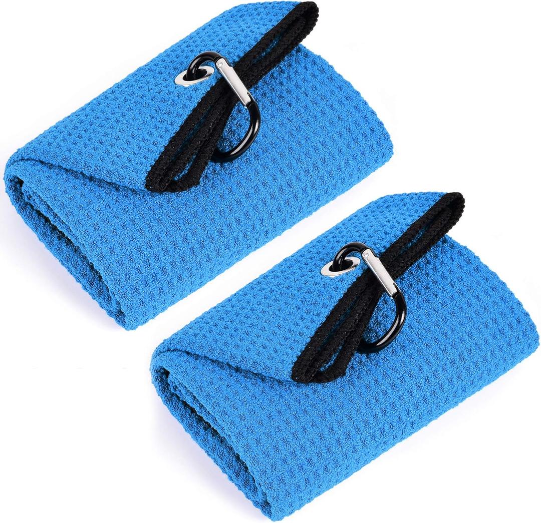 Mile High Life Tri-fold Golf Towel | 16" X 24" | Premium Microfiber Fabric | Waffle Pattern | with Heavy Duty Carabiner Clip | for Men and Women (2 Pack Blue)