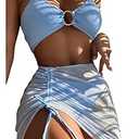 MakeMeChic Women's 3 Piece Bathing Suits Halter Ring Bikini Set with Cover Up Skirt Light Blue M