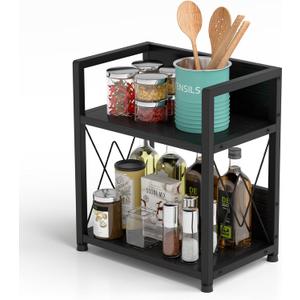 Aduanbang Coffee Bar Accessories Organizer, Seasoning Organizer, 2 Tier Wooden Kitchen Counter Shelf, Coffee Organizer Station for Countertop, Coffee Condiment Rack for Mugs, Cups, Cream, Syrup (Black)