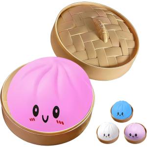 Dumpling Squishies Toy,Mystery Squishy Dumpling Box,Cute Anxiety Relief Fidget Toy,Jumbo Squishy Toy with Steamer Box,Soft Squeeze Decompression Dough for Adults& Kids (Pink)