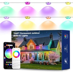 Permanent Outdoor Lights RGB Smart IC 100FT/50LEDs Decor IP68 Waterproof Music Sync Eaves Lights with Remote&APP Control Suitable for Holiday Decoration Christmas Garden Party Decor Deck