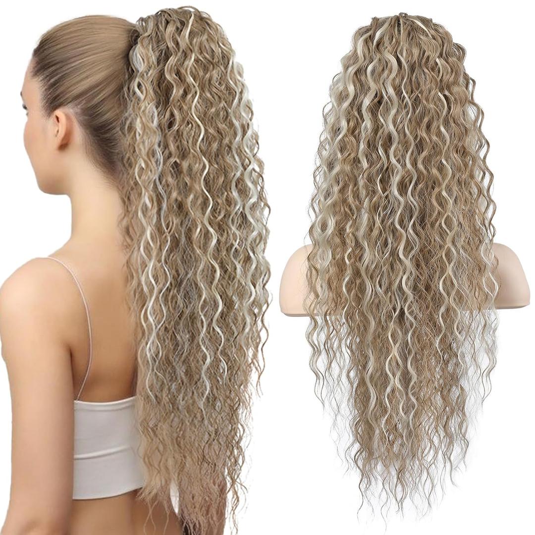 Flufymooz Ponytail Extension, 26 Inch Bohemian Style Drawstring Hair Extensions for Women, Long Curly Wavy Synthetic Hairpiece Women (26 Honey Blonde with Highlights)