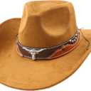 Carnavalife Cowboy Hat for Women Men with Wide Brim Western set with black bandana for Cowboys and Cowgirls (Brown)
