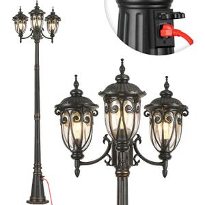 VIANIS Outdoor Lamp Post Light with Outlet, Dusk to Dawn Black Light Lamp, Posts for Outside with 3 Head, Waterproof Post Lights Outdoor for House, Doorway, Driveway, Anti-Rust