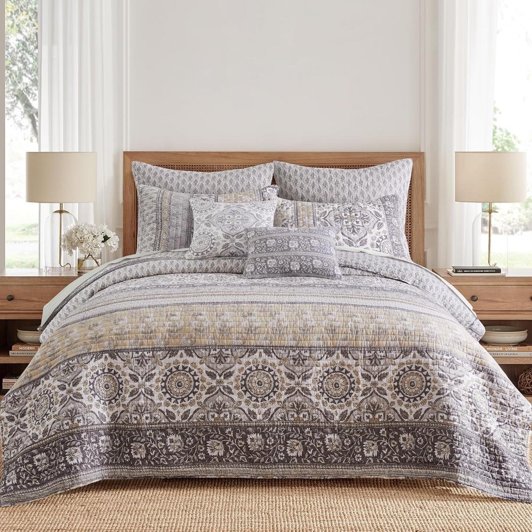 Levtex Home - Lirelle Quilt Set - Full/Queen Quilt and Two Standard Shams - Bordered Floral - Grey Tan White and Charcoal - Quilt (88x92in.) and Shams (20x26in.) - Reversible - Cotton (Gray)