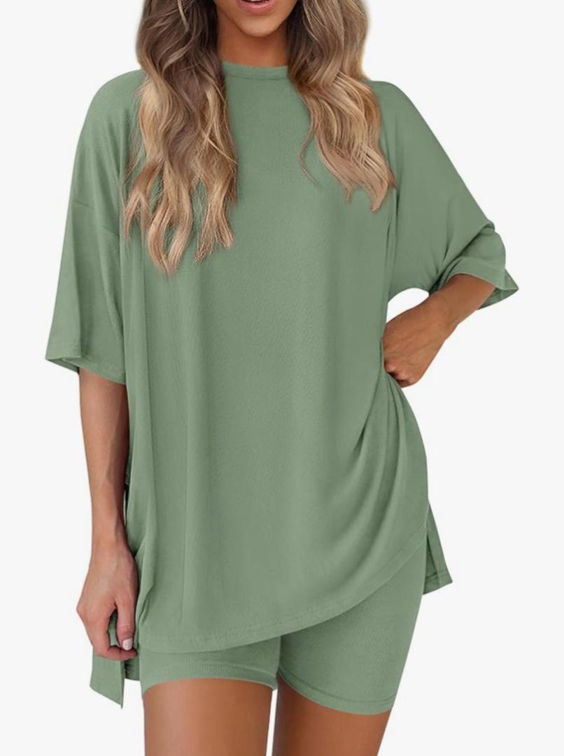 PRETTYGARDEN Women 2 Piece Lounge Set 2026 Summer Casual Oversized Shirts Biker Shorts Matching Airport Travel Outfit Clothes Size XL