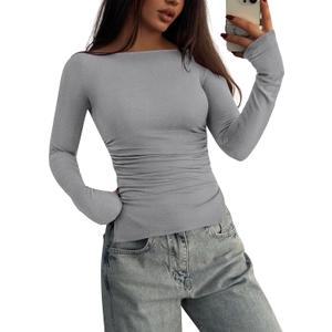 KIRUNDO Long Sleeve Going Out Tops for Women 2026 Spring Casual Boat Neck Workout Shirts Fall Fitted Side Slit Basic Tees (Gray, XS)