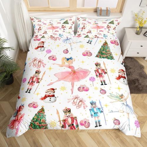 Erosebridal Christmas Nutcracker Full Bedding Set,Cute Snowman Xmas Tree Duvet Cover Gifts for Kids Girls Boys,Christmas Ornaments Bed Set Pink Ballet Shoes Duvet Cover 3Pcs (No Comforter)