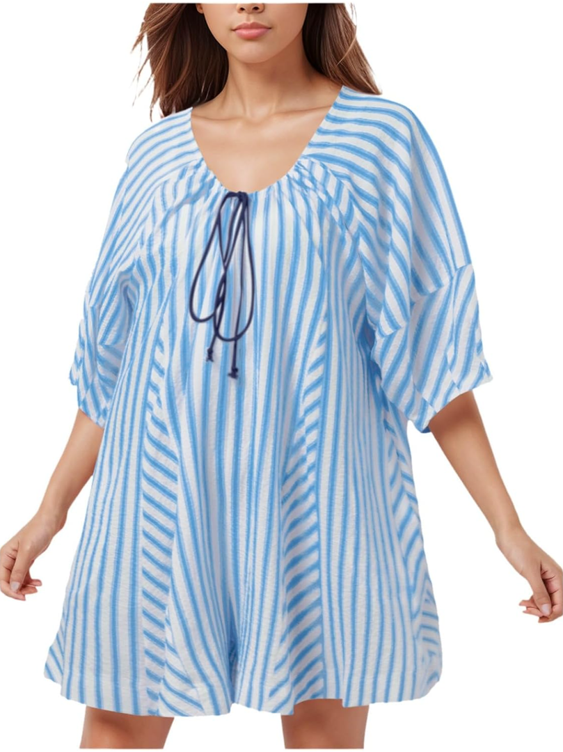 Women's Summer Trendy Romper Striped Casual Puff Sleeve Wide Leg Jumpsuit Oversized Short Drawstring Neck Beach Rompers , Size M