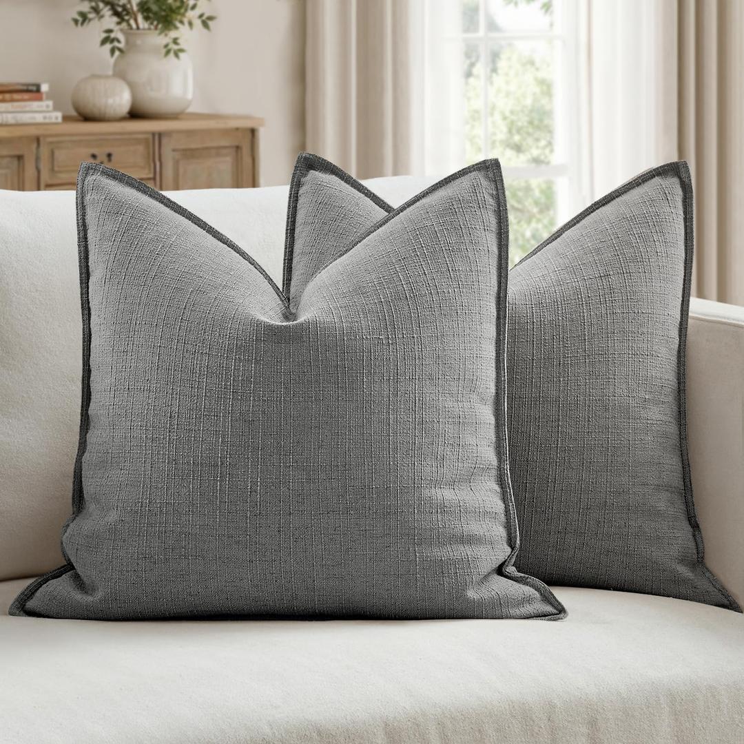 Pack of 2 Thick Textured Couch Throw Pillow Covers, Grey Decorative Pillow Covers 20x20, Neutral Linen Cushion Cases for Sofa Bed Living Room Modern Farmhouse Home Decor, No Filling