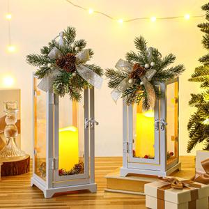Baquler White 2 Pcs Christmas Metal Candle Lantern and LED Fake Candles 12'' and 15'' Decorative Lanterns with Xmas Ornament Porch Lanterns Indoor Outdoor Decoration Party Gift