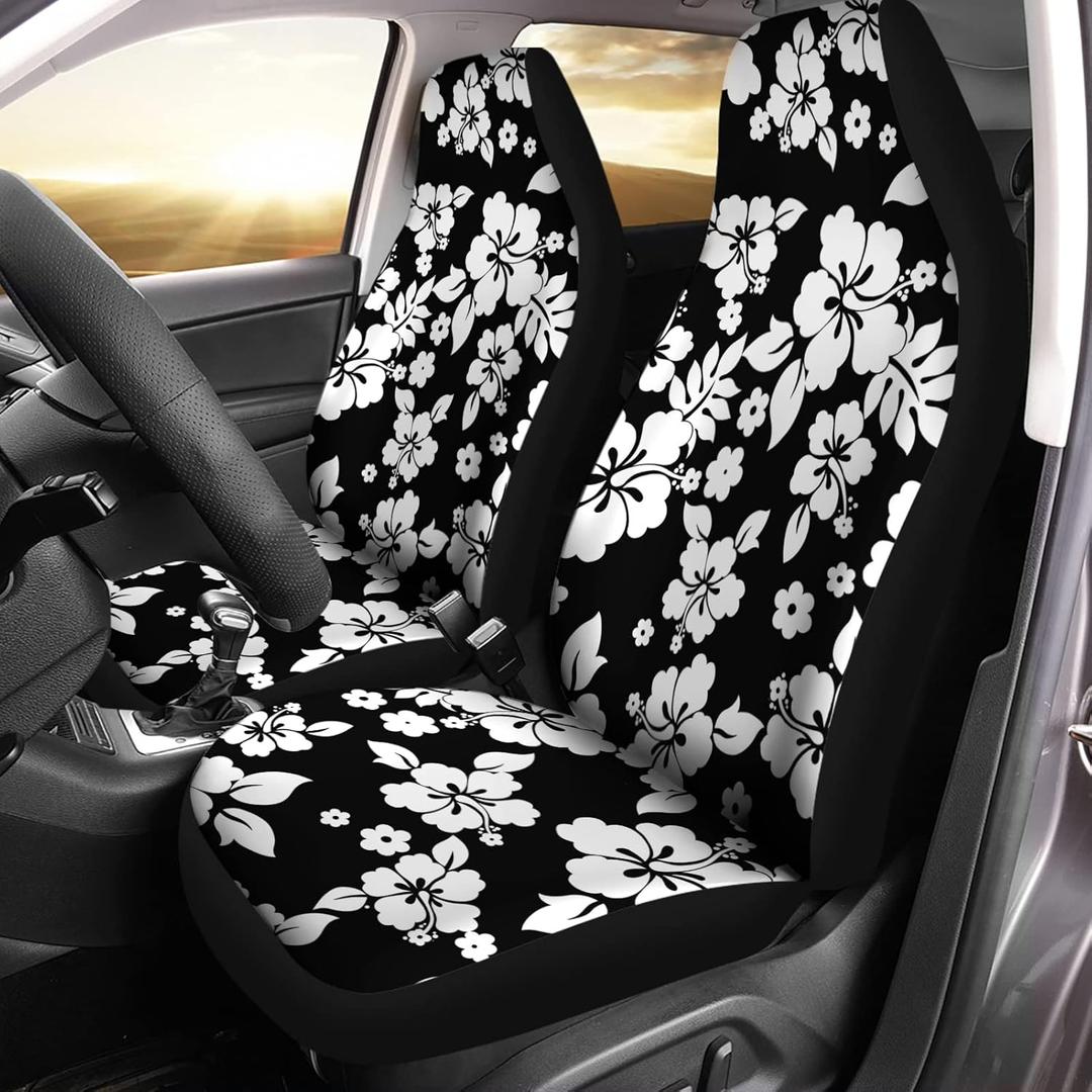 Bulopur White Hibiscus Print Automotive Seat Cover, 2Pcs Black Floral Car Accessories with Front Drive Seat Cover Protect Accessories for Women Men Bulopur White Hibiscus Print Automotive Seat Cover, 2Pcs Black Floral Car Accessories with Front Drive Seat Cover Protect Accessories for Women Men