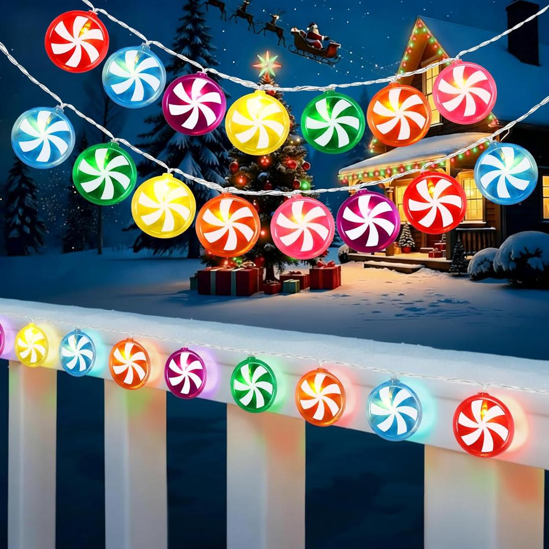 Gejoy 2 Pcs 11 ft Christmas Candy String Lights Decoration 21 LED Battery Operated Fairy Lights in 7 Colors Peppermint Lollipop Sugar Bulbs Outdoor Indoor Birthday Wedding