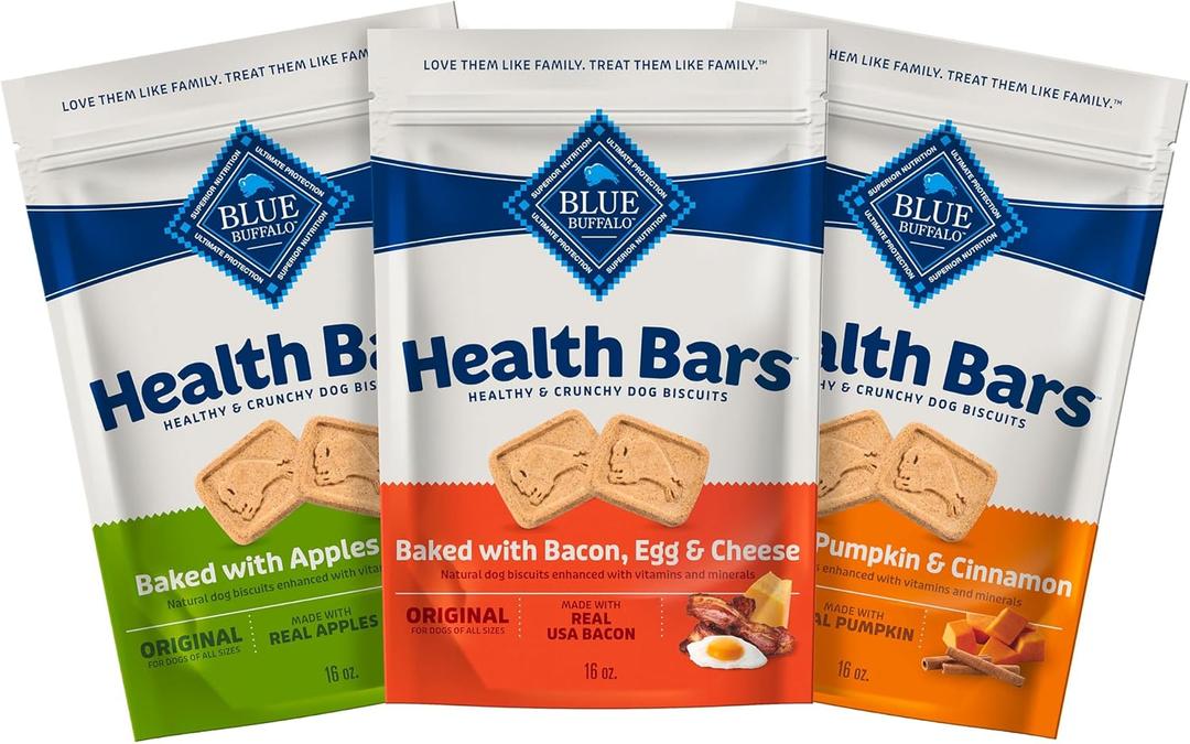 Blue Buffalo Health Bars Crunchy Dog Biscuits, Variety Pack, Bacon, Egg & Cheese, Apple & Yogurt, Pumpkin & Cinnamon, 16-oz Bags (EXP 01/21/27)