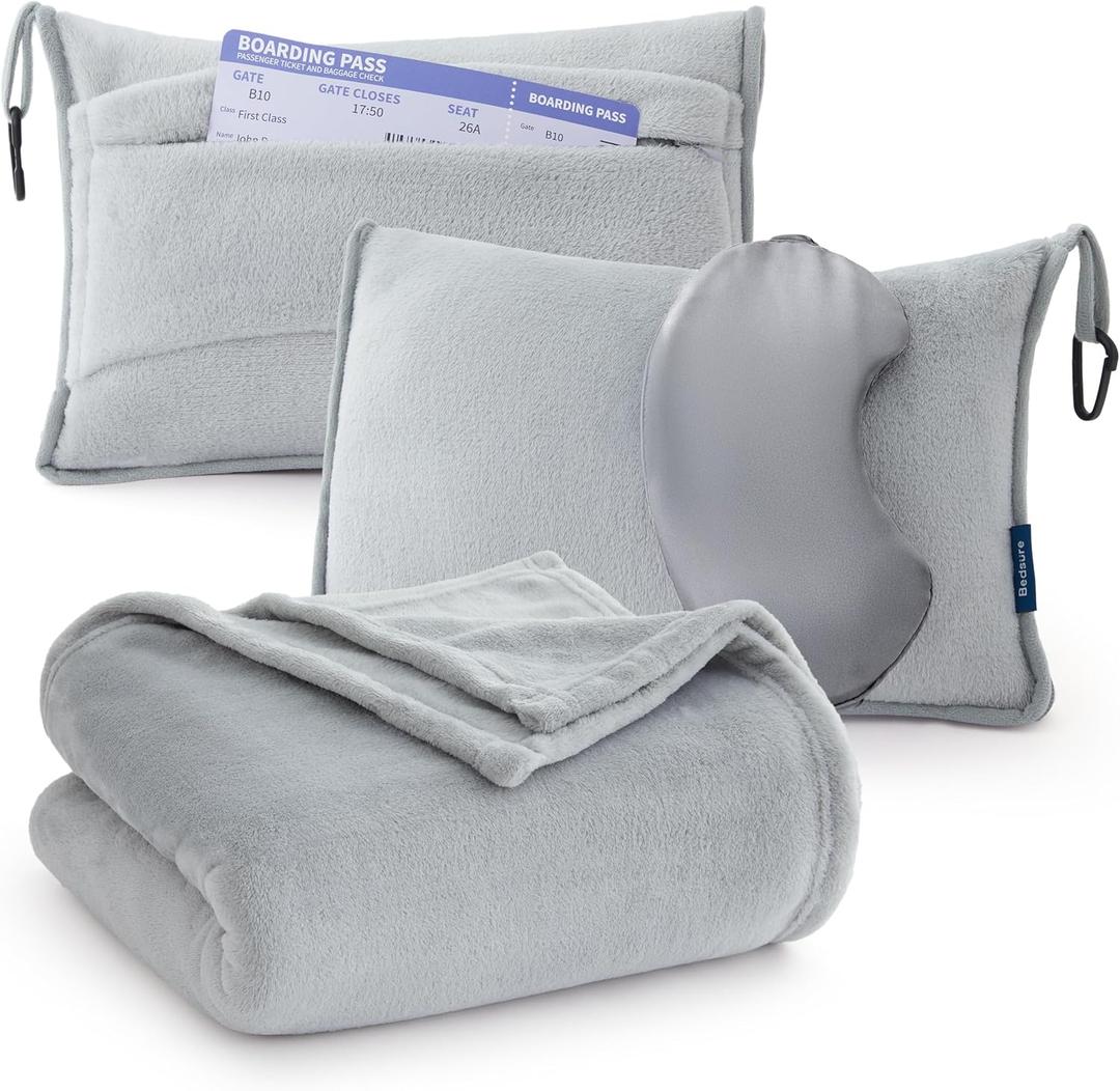 Bedsure Travel Blanket Airplane Compact with Storage Bag, Packable Blanket with Eye Mask, Lightweight 3-in-1 Travel Essentials, Functioned as Pillow for Airplane Comfort and Warmth, Grey (Throw)