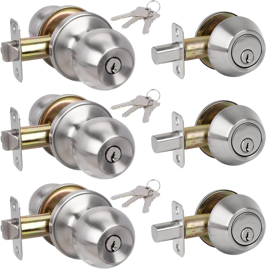 HOSOM 3 Pack Entry Door Knob and Single Cylinder Deadbolt Lock Set, Exterior Door Lock Set, Keyed Alike Entry Door Locksets with Deadbolt for Entrance and Front Door, Satin Nickel