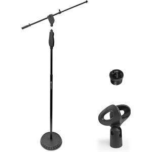 AxcessAbles One Hand Microphone Stand with Weighted Heavy Round Base and Quick Grip Height Adjustment - Telescoping Mic Boom Arm Included. Tall Microphone Stand for Singing (MS-201RB)