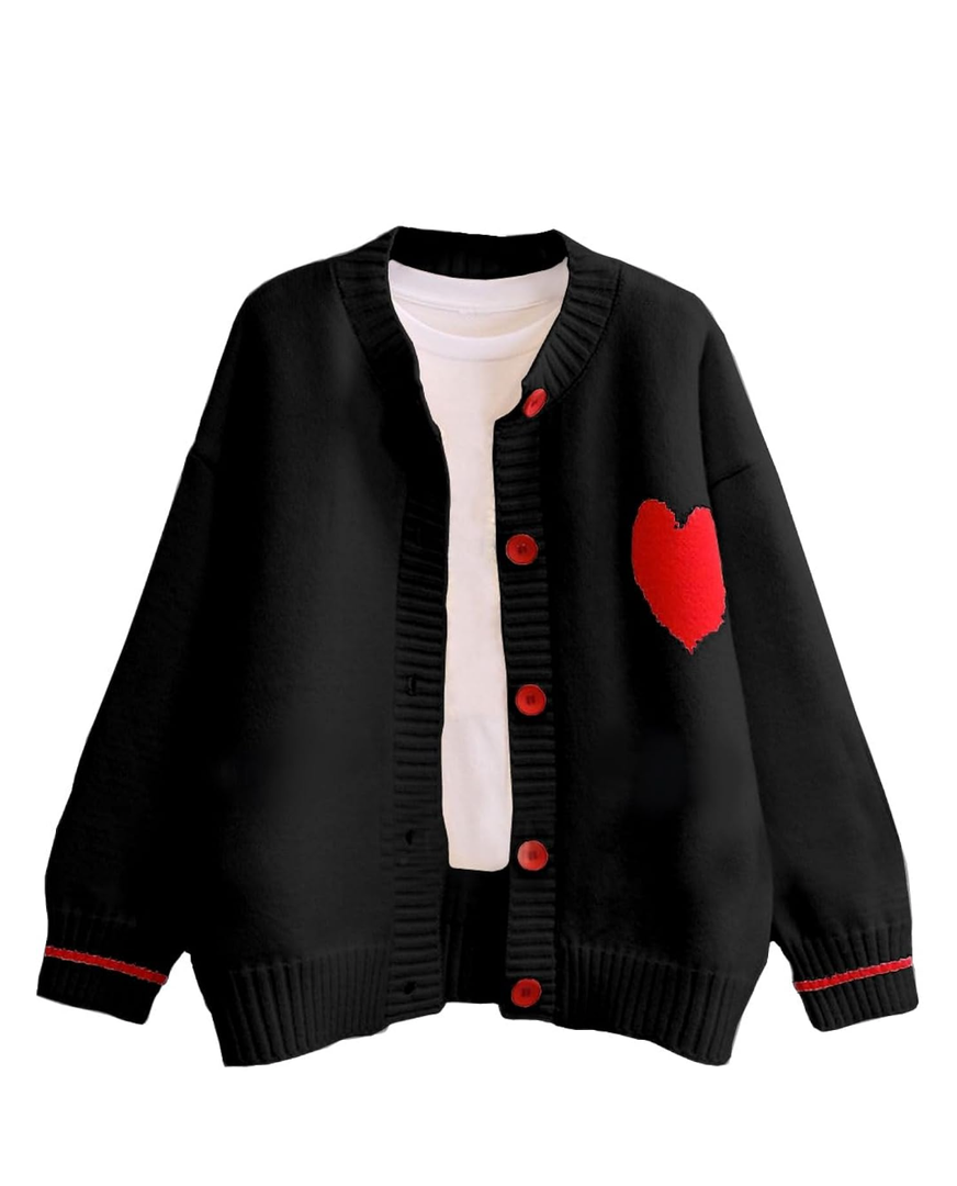 FindThy Women's Cute Cardigan Sweater Kawaii Love Heart Print Y2K Button Knitted Outerwear M Black