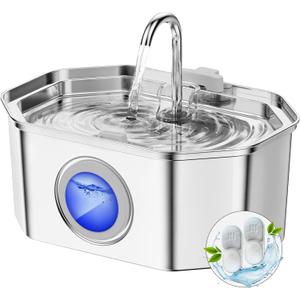 Cat Water Fountain Stainless Steel 108oz/3.2L, APAUK Automatic Pet Fountain Dog Water Dispenser with Water Level Window, Quiet Cat Fountain for Drinking, Inside with Replacement(2 Filters&2 Sponges) (Silver)