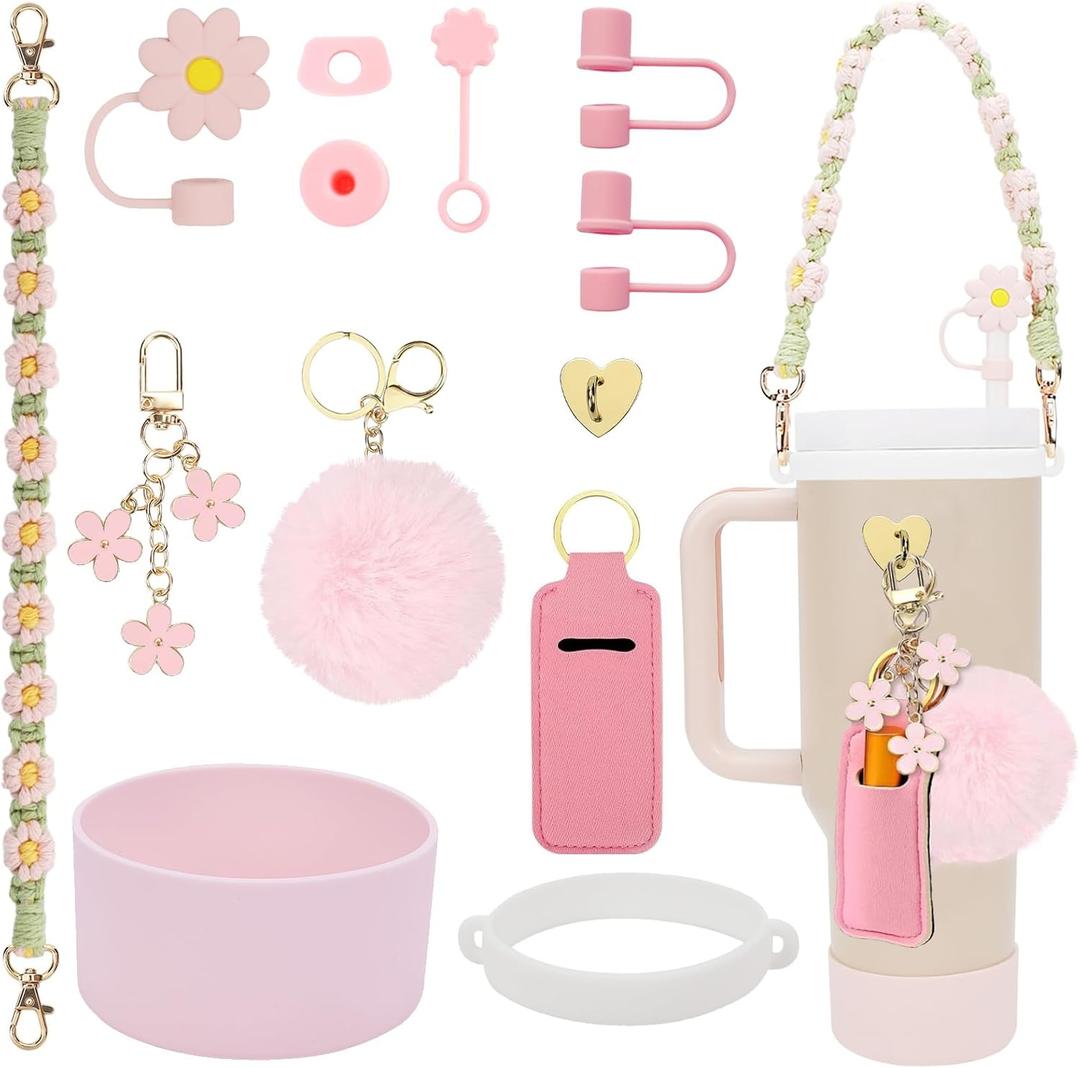 3tyto 13 Pcs Stanley Cup Accessories Set Including Water Bottle Handle Strap, Siliocne Stanley Cup Boot, Siliocne Straw Cover, Stanley Charms for Stanleys Cup 40oz & 30oz Tumbler (Light Pink)