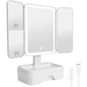 Tri fold Makeup Mirror with Lights,Storage,Magnification,14"x9"Lighted Makeup Mirror with Storage,Vanity Mirror with Lights, Small Vanity Mirror