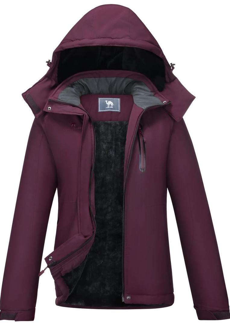 CAMEL CROWN Women's Warm Winter Ski Jackets Waterproof Snow Coat with Hood Mountain Windproof Rain Jacket Large, Dark Purple 