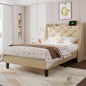 Feonase Twin Bed Frames with Luxury Wingback and Fast Charging Station,Twin Size Upholstered Button Tufted Storage Headboard Platform Bed,Sturdy Wooden Slats Support,Noise-Free,Easy Assembly,Beige