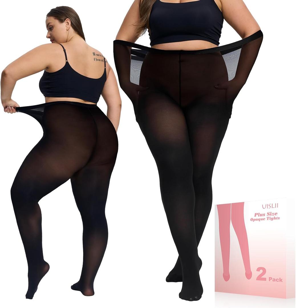 UISLII Plus Size Tights for Women,2 pairs 80D Semi Opaque Tights women,Solid Color Soft High Waist Stockings (3X-Large-4X-Large, Black)