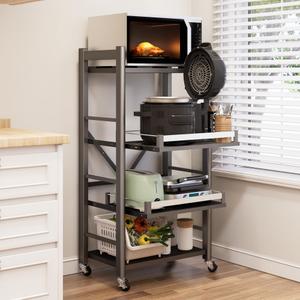 5-Tier Pull Out Baker's Rack, Microwave Cart with Storage, Wood Shelves