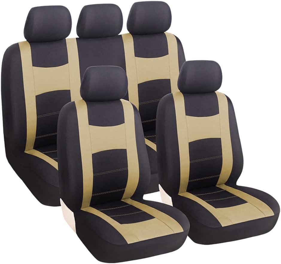 zipelo 9PCS Car Seat Covers Full Set, Front Seat Covers with Matching Back Seat Cover for Cars, PolyCloth Car Seat Protectors with Split Bench Design, Car Interior Accessories for Most Cars (Beige)