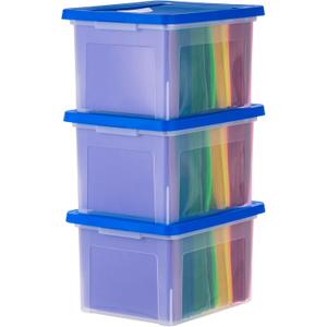 IRIS USA File Storage Box with Lid, Document Protection Box for Letter/Legal Files, Safety File Storage Container, Portable Stackable Filing Organizer, 35 Qt, 3 Pack, Clear/Blue