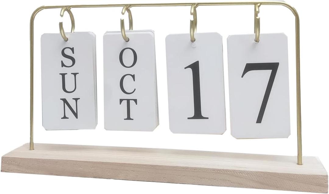 Wooden Perpetual Calendar for Desk, Metal Wood Month Date Display for Teachers, Students, Classroom, Rustic Farmhouse Office Decor, Desk Accessories (gold)