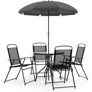 Flash Furniture Nantucket 6-Piece Patio Dining Set with Glass Table, 4 Folding Chairs, and Umbrella, Outdoor Patio Set, Black