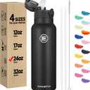 Han's Bottle Sports Water Bottle - 24 Oz, Straw Lid, Leak Proof, Vacuum Insulated Stainless Steel, Double Walled, Thermo Mug,Black
