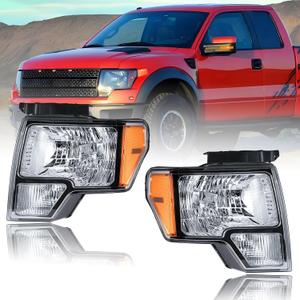for Pickup 2009-2014 Ford F150 2009-2014 Headlights Assembly Compatible with F-150 2010 2011 2012 2013 Amber Reflector Chrome Housing