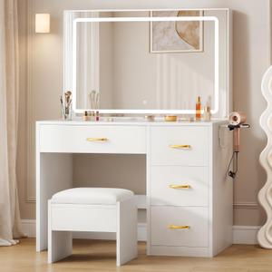 YITAHOME Vanity Desk Set with Large 35" LED Mirror and Lights, Makeup Table with 4 Drawers & Stool, 2 AC Outlets and 2 USB Ports, Adjustable Lighting, Modern Ample Storage Dressing Table, White