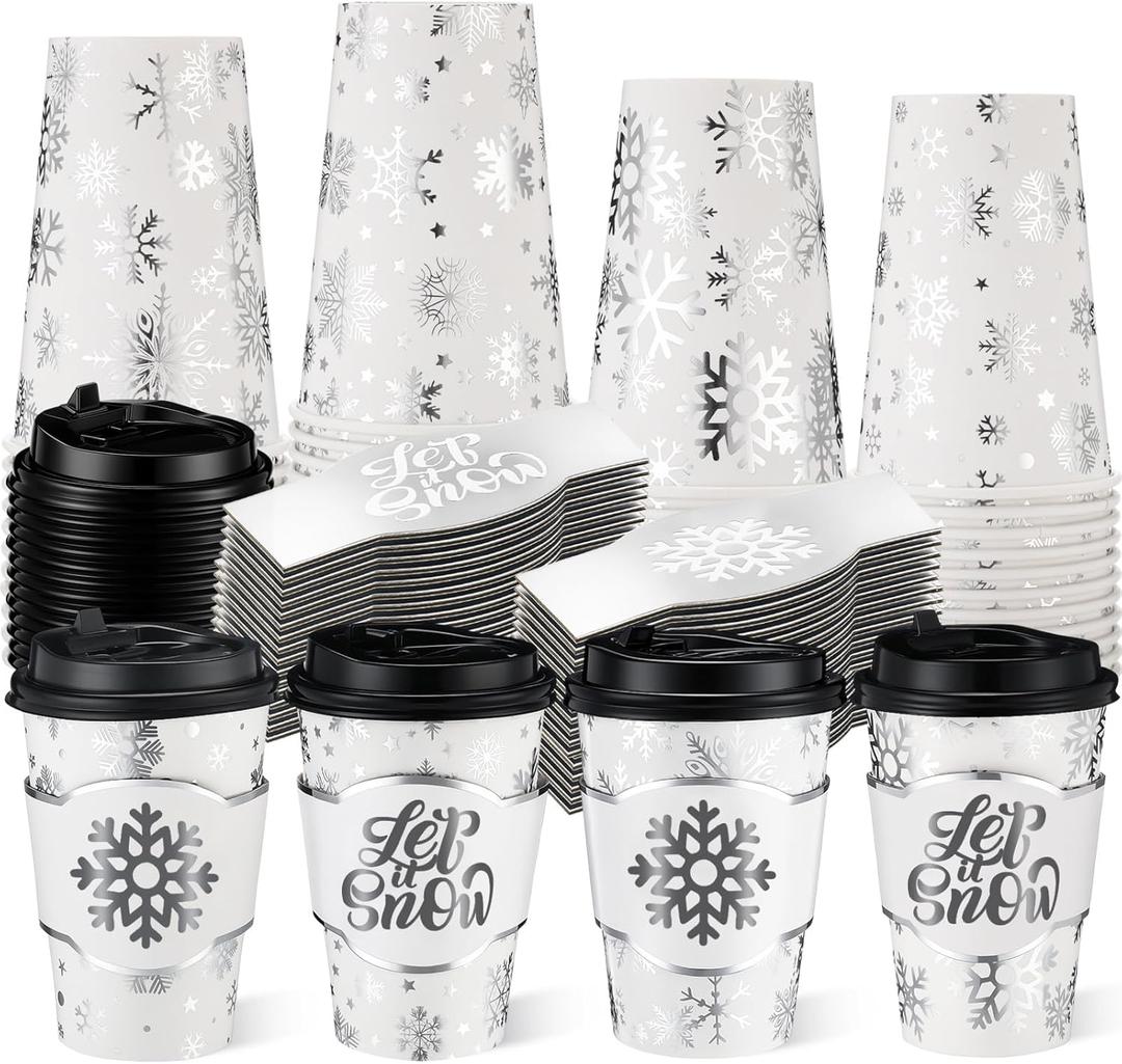 48 Sets 12 oz Christmas Disposable Paper Sliver Foil Winter Snowflake Coffee Cups with Lids and Sleeves Bulk for Hot Cold Tea Drinking Winter Birthday Wedding Holiday Party Favors