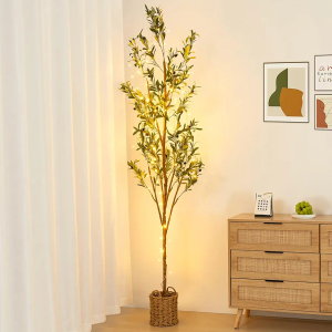6ft Artificial Olive Tree with LED Fairy Lights & Woven Planter - Lifelike Faux Silk Plant with Realistic Leaves & Fruits and Natural Trunk for Indoor Home Office Living Room Bedroom Foyer Decor