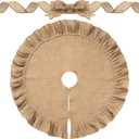 Chalyna 31 Inches Christmas Tree Skirt Decorations with 3 Inch x 10 Yard Christmas Ribbon Linen Burlap Round Vintage Tree Skirt Ornaments for Xmas Outdoor Holiday Family Winter Home Farmhouse Decor