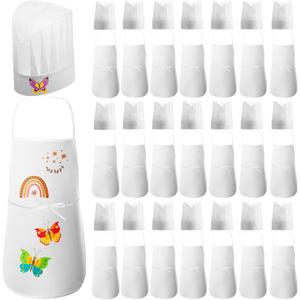 JaGely 60 Pcs Kids Chef Hat and Apron Set Chef Aprons and White Hats Non Woven Fabric Costume for Girls and Boys Cooking