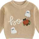 FOMOYUU Baby Girl Boy Knit Sweater Halloween Outfit Embroidery Warm Crewneck Long Sleeve Tops Fall Winter Clothes (0-3 Months, Beige3)