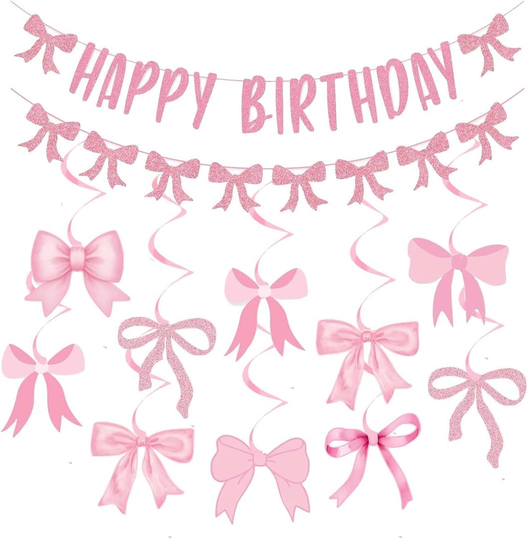 Pink Bow Birthday Decorations, Glitter Happy Birthday Banner and Hanging Swirls for Women Girls Bow Themed Party Decor, Baby Shower Party Supplies