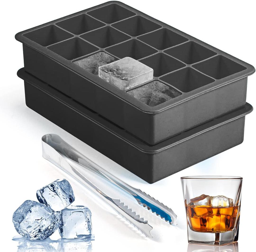 Silicone Ice Cube Trays for Freezer 2 Pack, Easy Release Square Ice Cubes Mold, Best Rubber Ice Cube Tray for Whiskey Cocktail Coffee, Mini Fridge Old Fashioned Silicone Ice Tray (Black)
