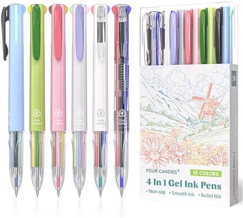 Four Candies 6 PCS Multicolor Pen, 0.5mm Colored Gel Pens, 4-in-1 Multicolor Gel Ink Pens, 18 Colors Retractable Ink for Office, School & Back to School Supplies
